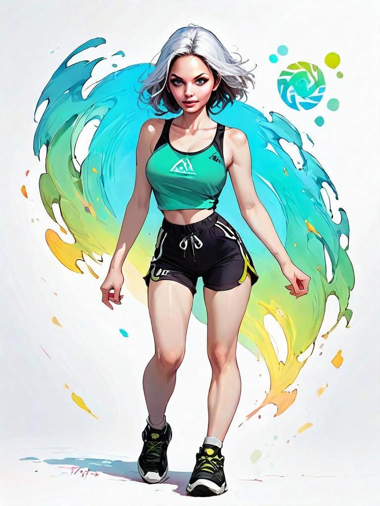 Sporty Woman Full Body Digital Illustration with Colorful Paint Swirls