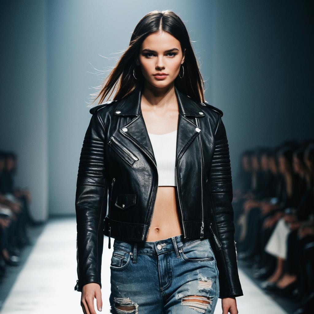 Fashion Model in Black Leather Jacket and Distressed Jeans on Runway