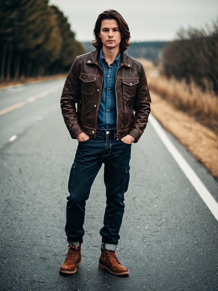 Man Wearing Brown Leather Jacket and Boots Standing on Road Outdoors