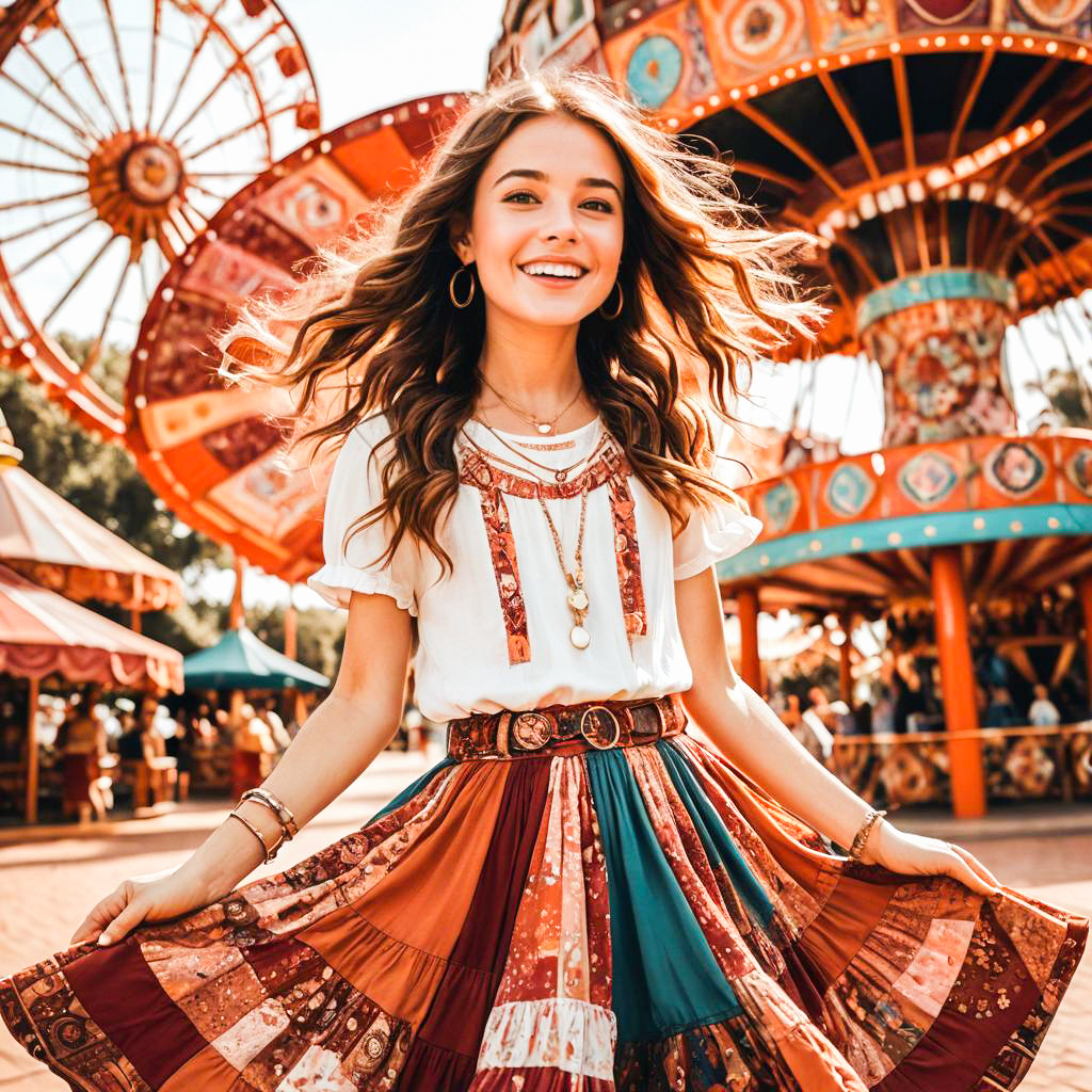 Joyful Girl Spinning in Colorful Dress at Carnival