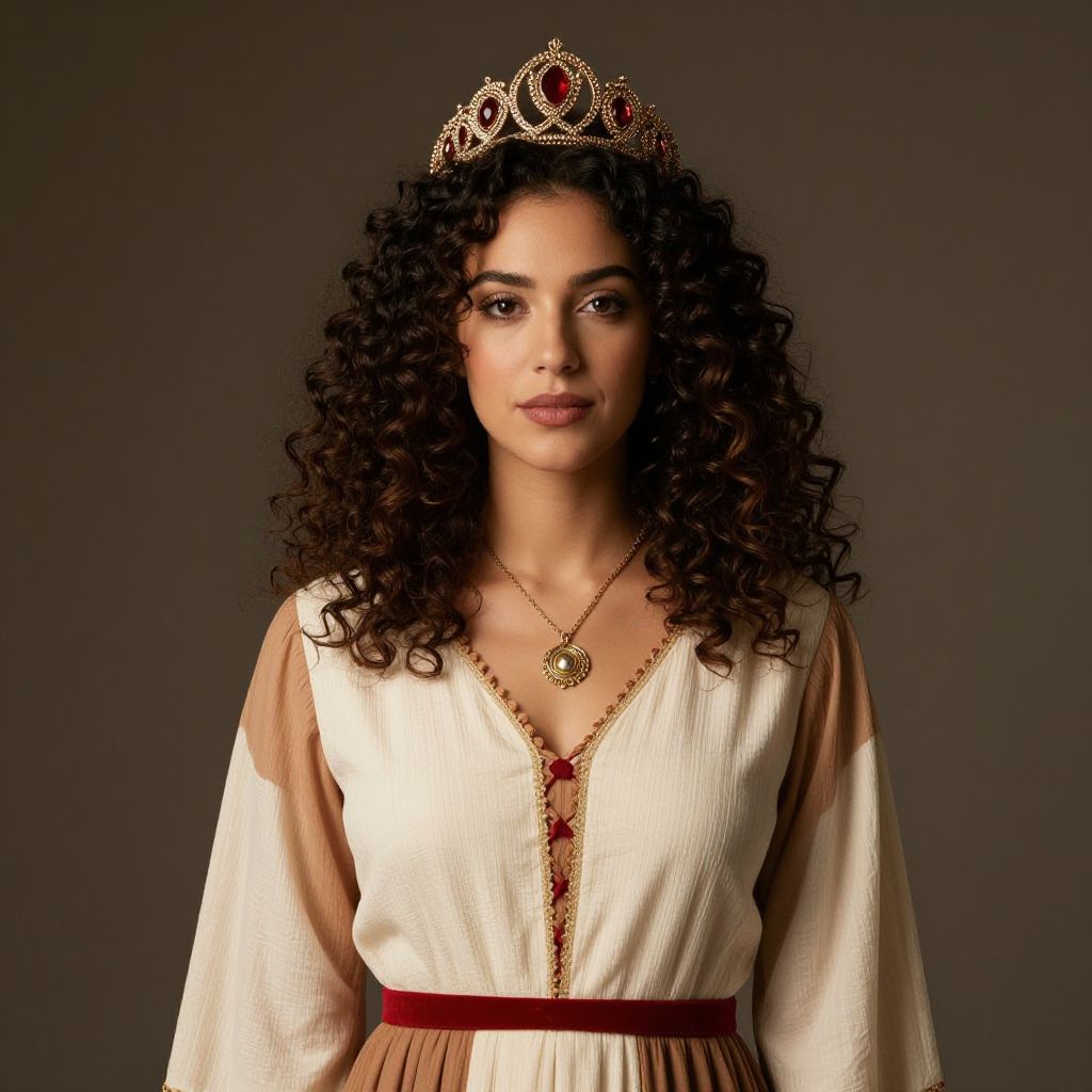 Elegant Woman Wearing Golden Tiara with Curly Hair in Vintage Style Dress