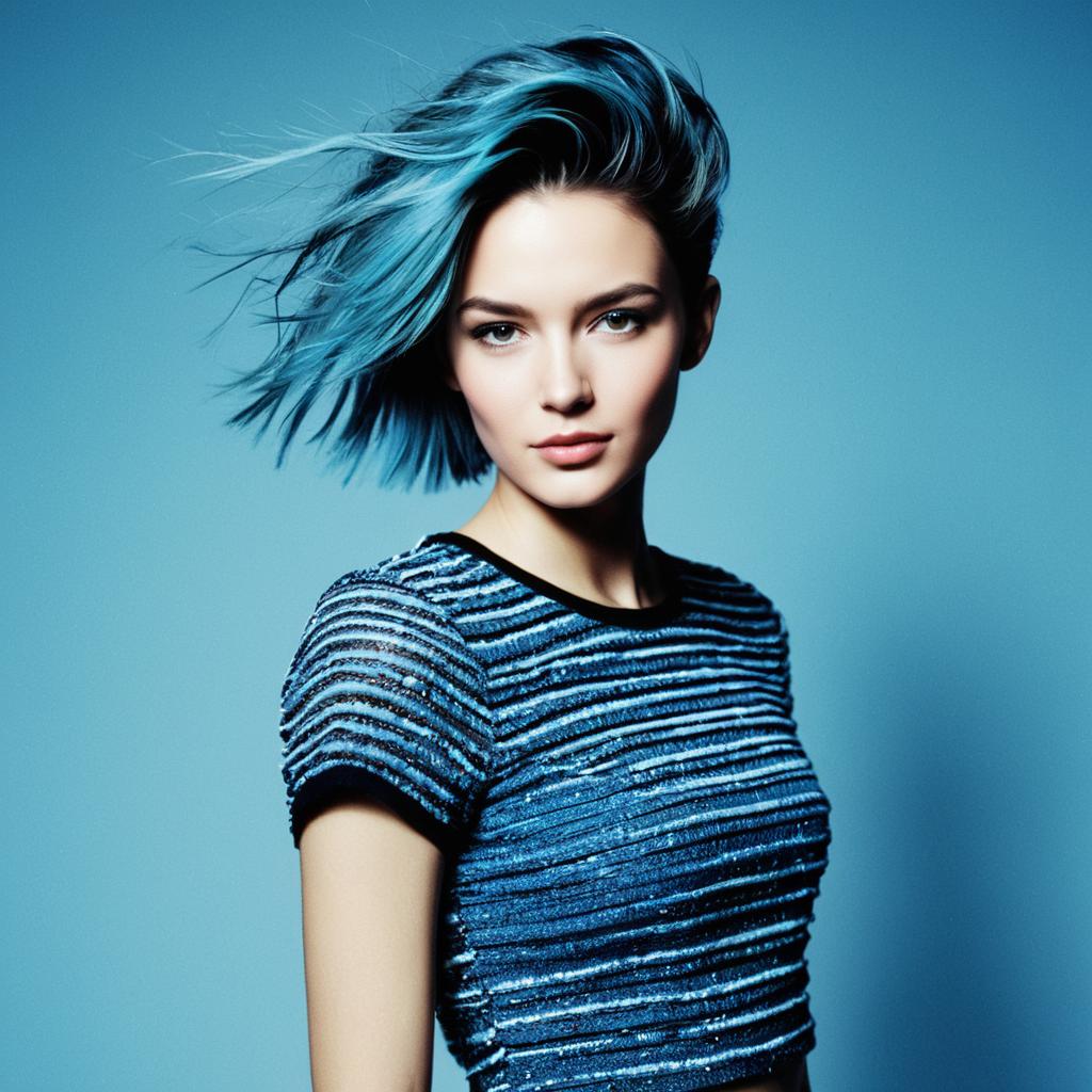 Modern Portrait of Woman with Blue Hair in Textured Blue Top
