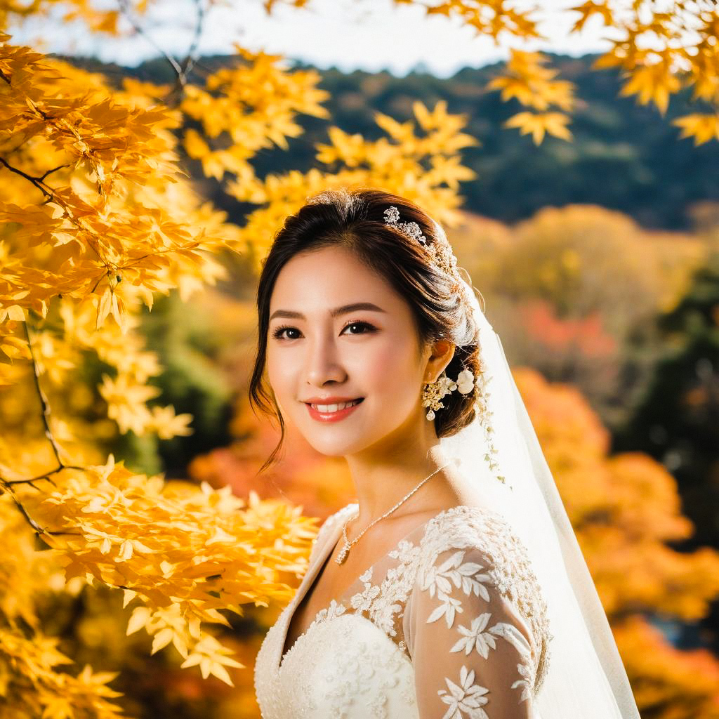 Joyful bride in autumn foliage