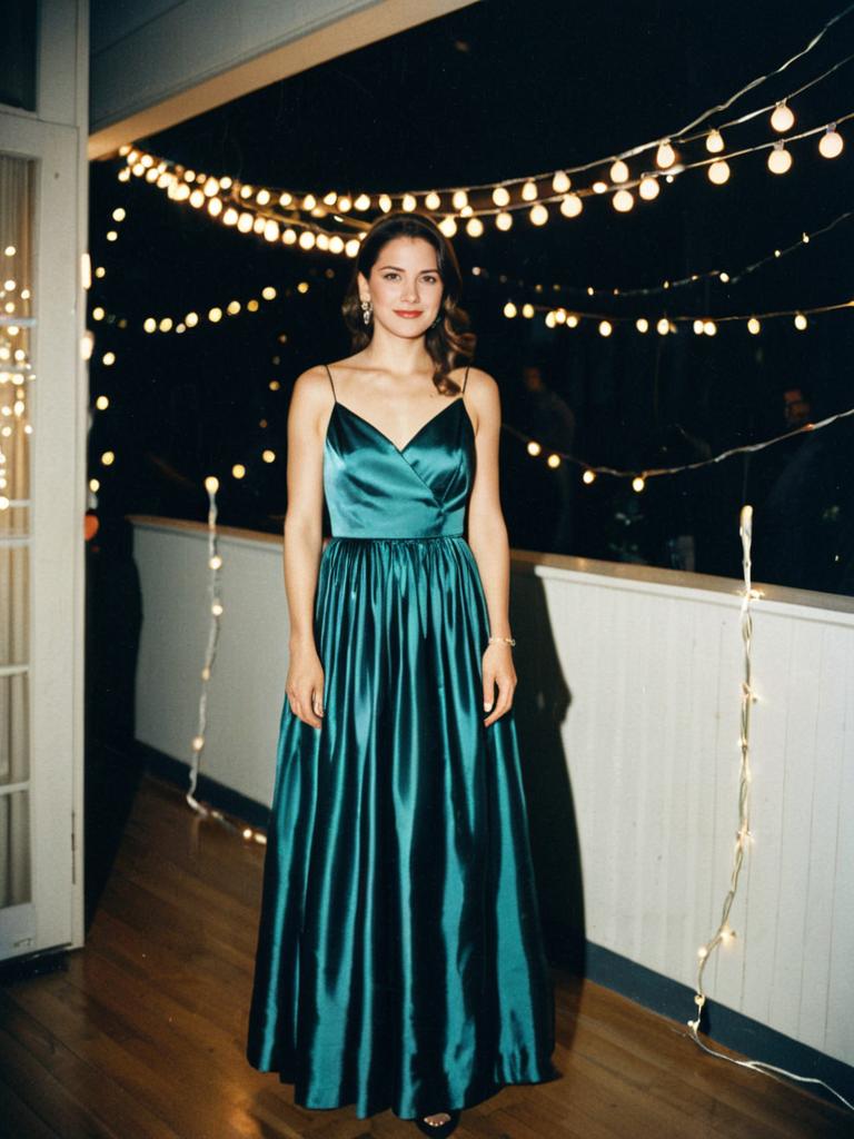 Elegant Woman in Teal Satin Evening Gown with String Lights