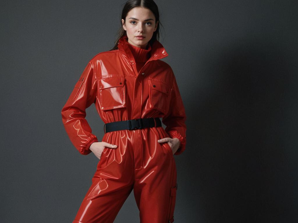 Portrait of a Woman in Glossy Red Jumpsuit