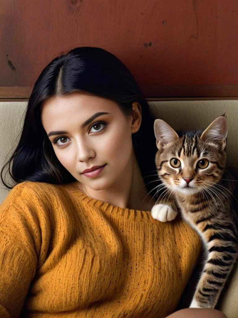 Young Woman in Mustard Sweater with Tabby Cat