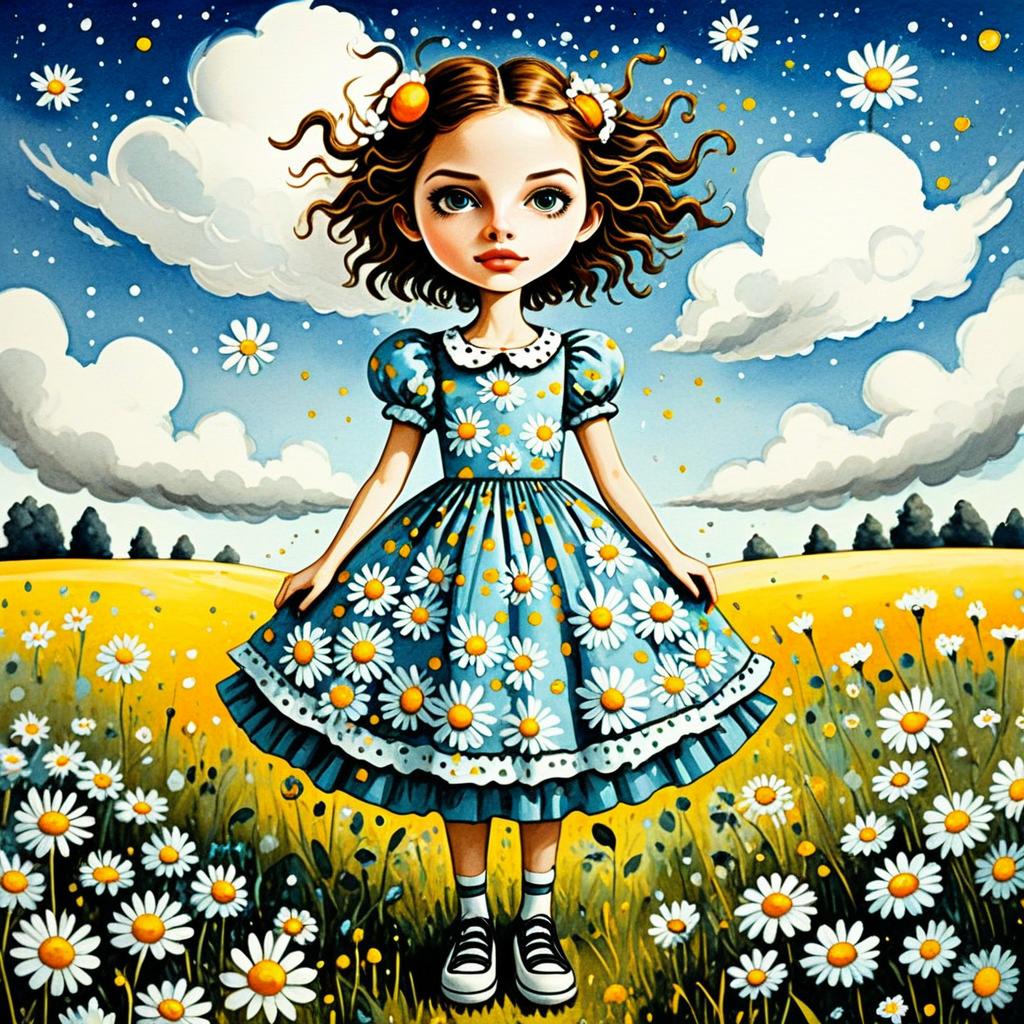 Whimsical Girl in Daisy Dress Standing in Flower Meadow Illustration