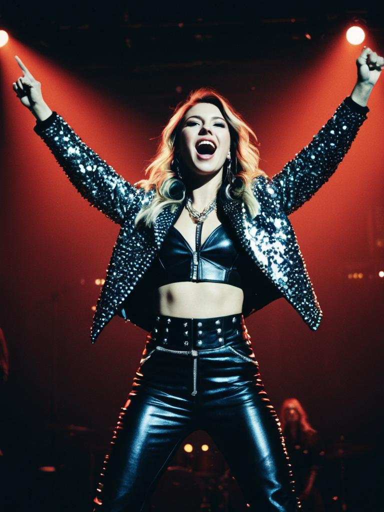 Energetic Woman in Pop Star Costume Performing on Stage with Cinematic Lighting