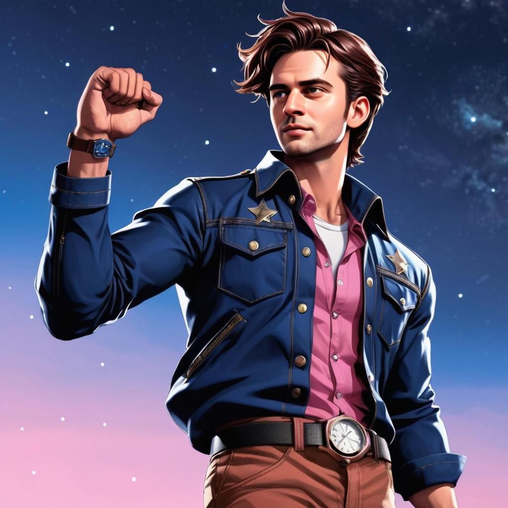 Confident Young Man in Blue Jacket with Star Patches Under Starry Twilight Sky