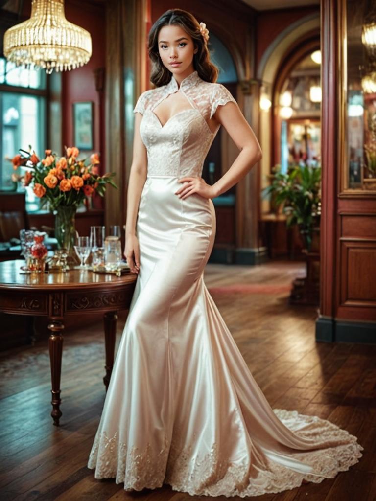 Elegant Woman in Ivory Silk Gown in Vintage Room