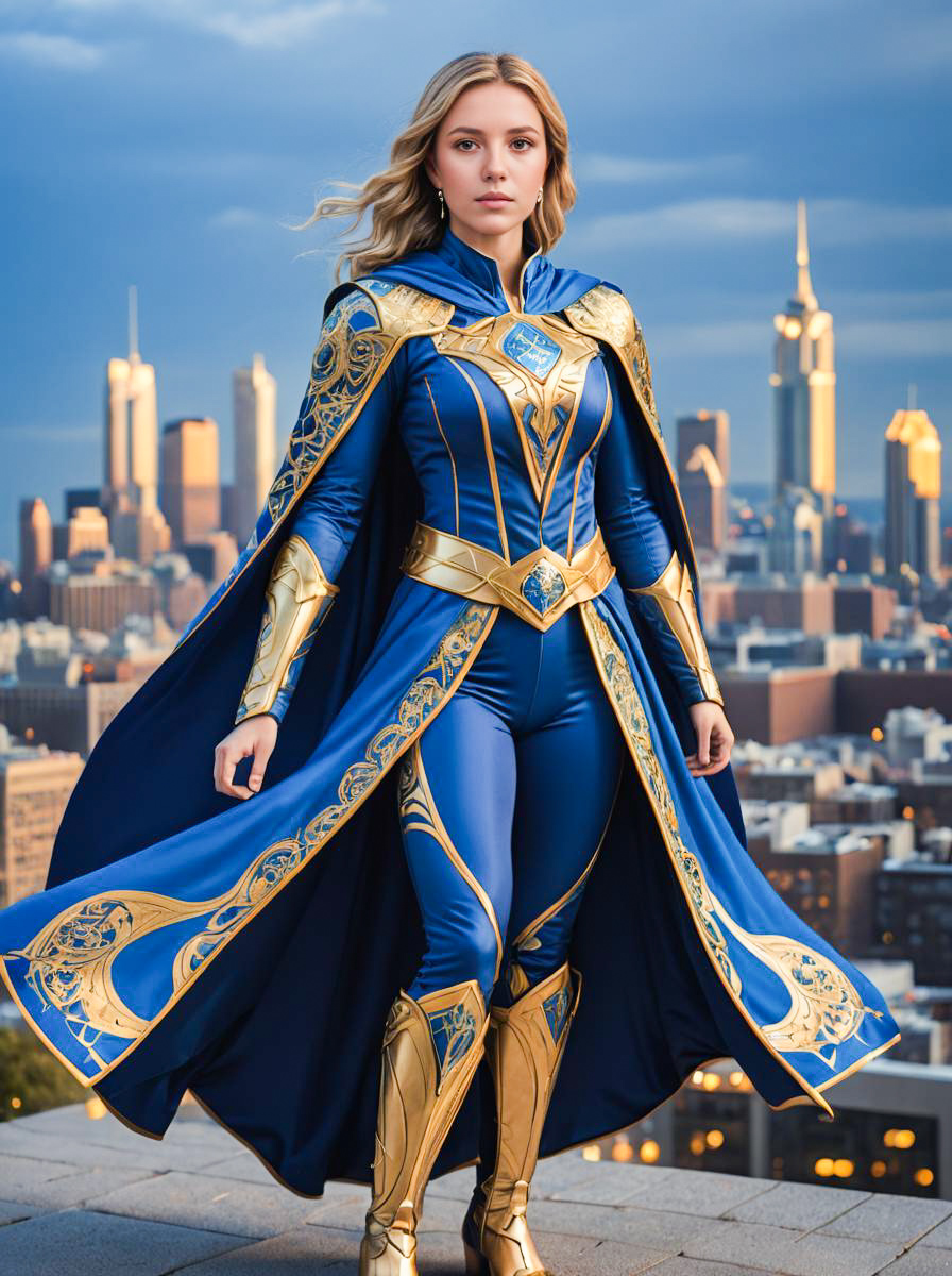 Confident Superhero Woman in Blue and Gold Costume