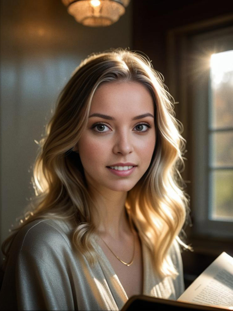 Serene portrait of a smiling woman with blonde hair