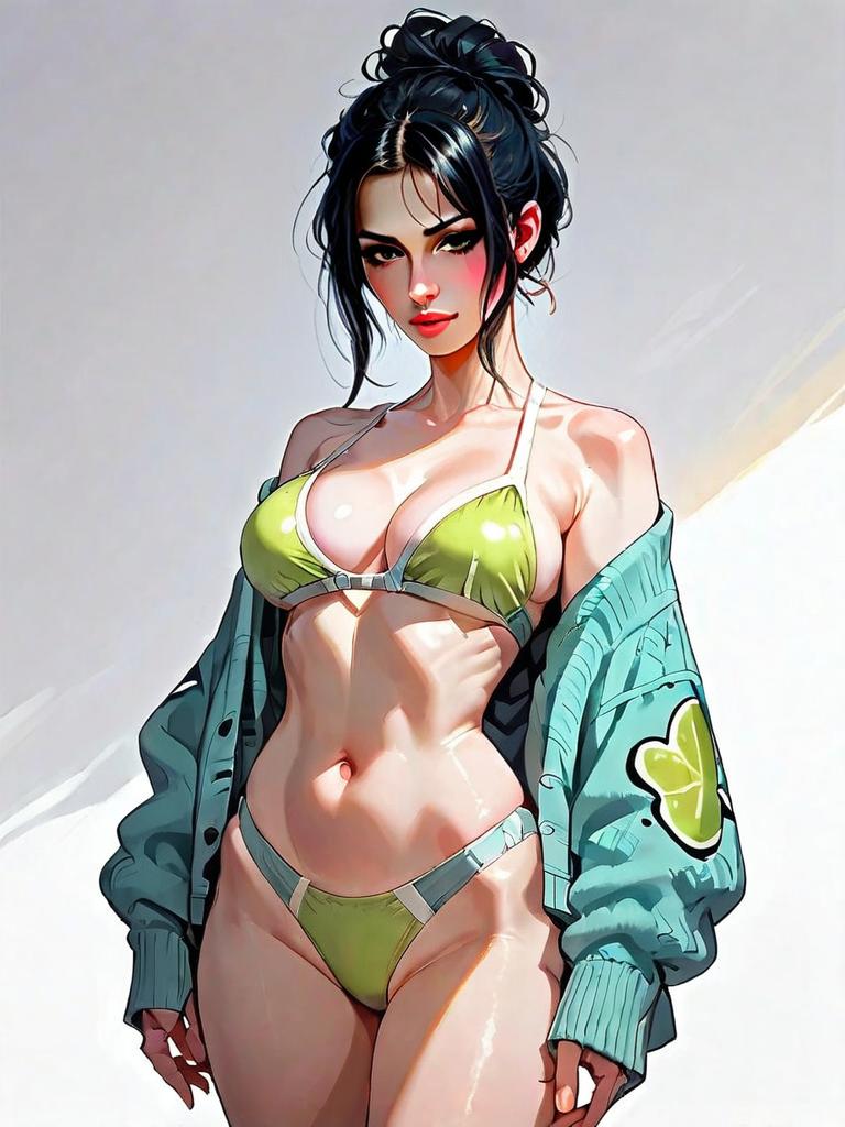 Realistic Comic Style Woman in Sporty Green Bikini with Blue Jacket Full Body Shot
