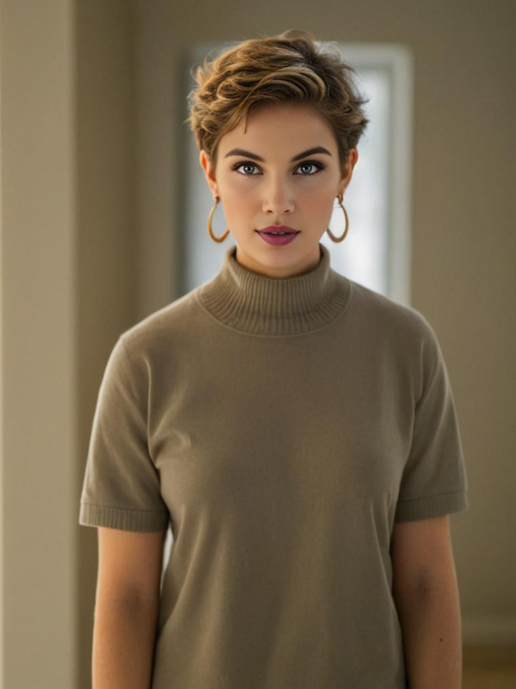 Elegant Woman in Turtle-Neck Sweater with Pixie Haircut