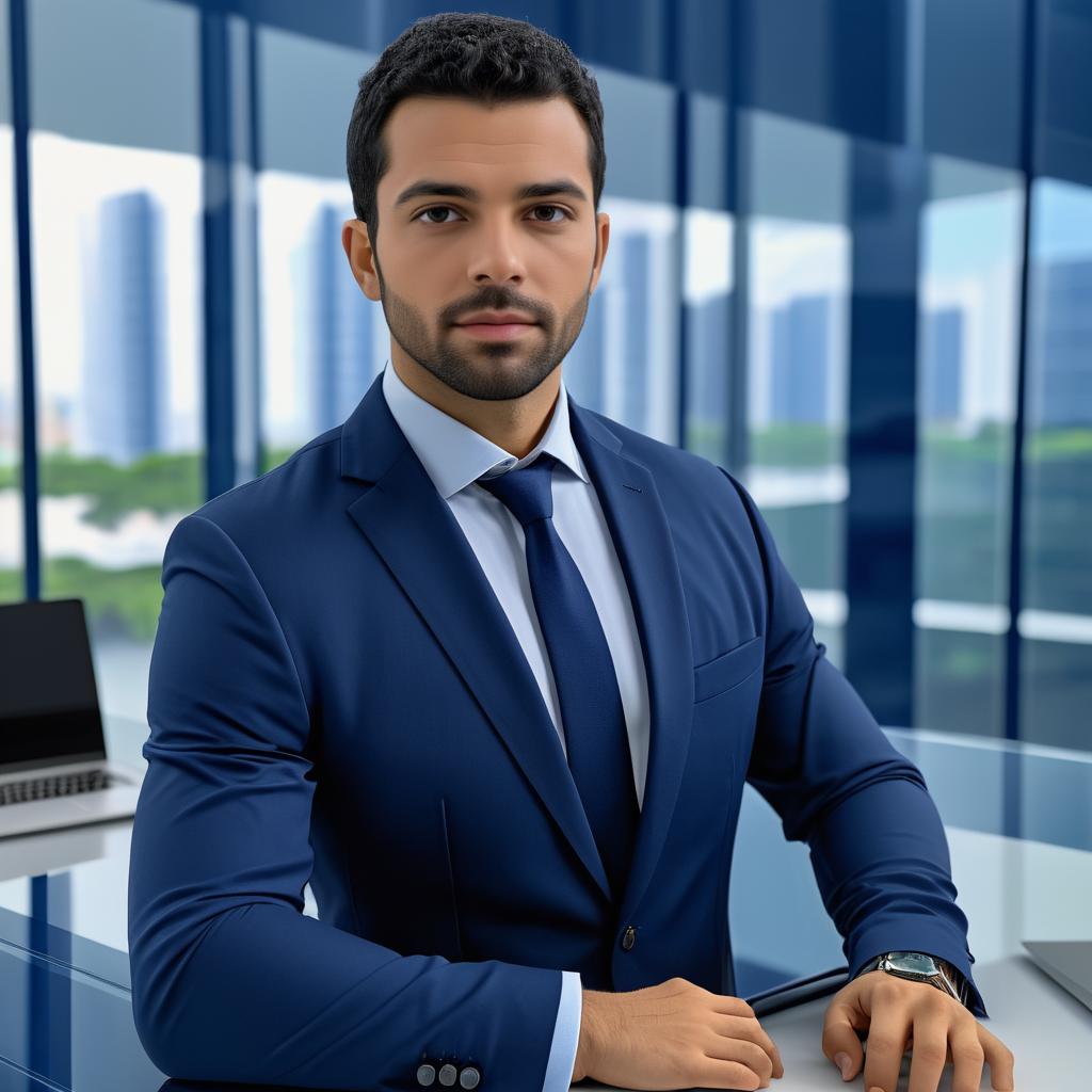 Confident Young Man in Blue Suit at Modern Office Desk