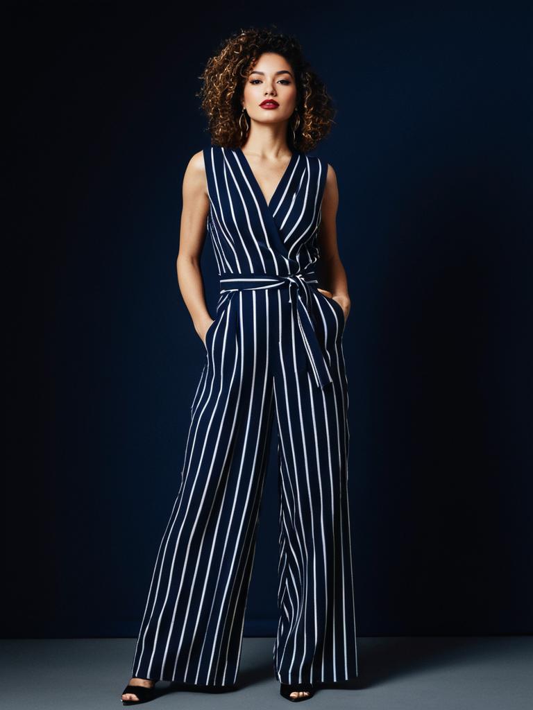 Fashionable Woman in Navy Blue Striped Jumpsuit Studio Portrait
