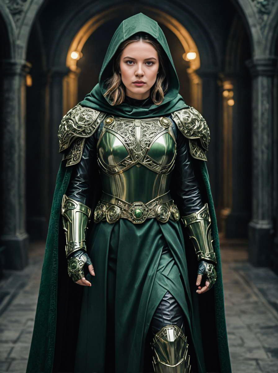 Woman in Doctor Doom Costume with Metallic Accents