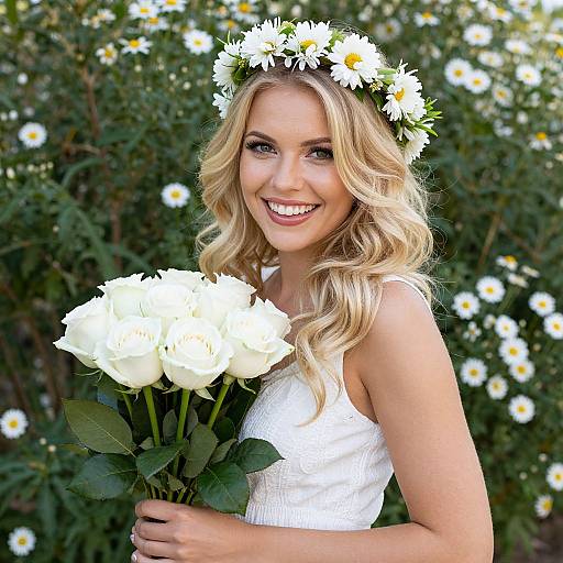 Smiling Woman with White Roses Bouquet and Daisy Flower Crown Outdoors