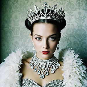 Regal Woman with Crystal Tiara and Feathered Garment