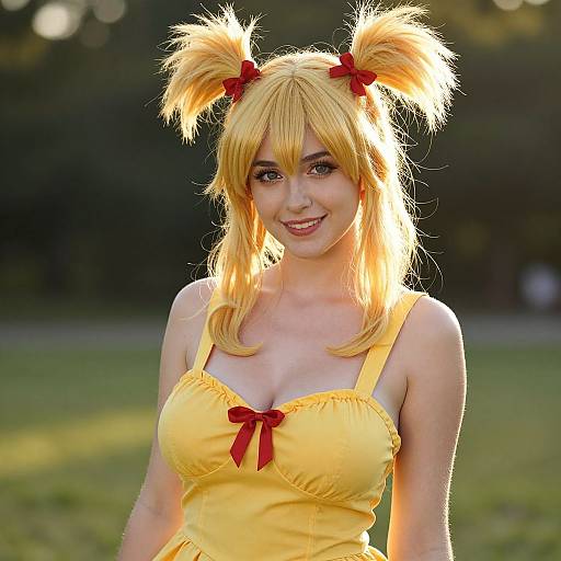 Young Woman in Yellow Dress with Playful Blonde Pigtails Outdoors