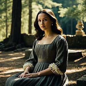 Woman in Vintage Gown in Serene Forest
