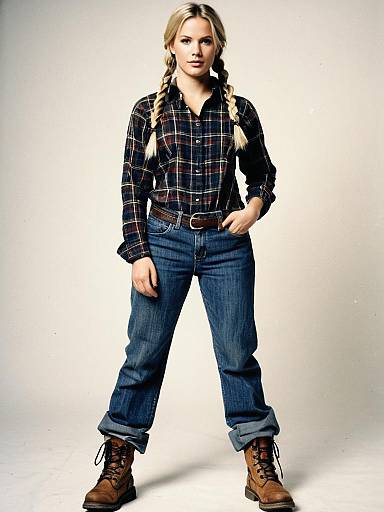 Woman in Casual Plaid Shirt and Blue Jeans with Rugged Boots