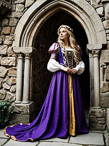 Medieval Woman in Purple Gown by Stone Archway