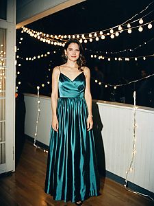 Elegant Woman in Teal Satin Evening Gown with String Lights