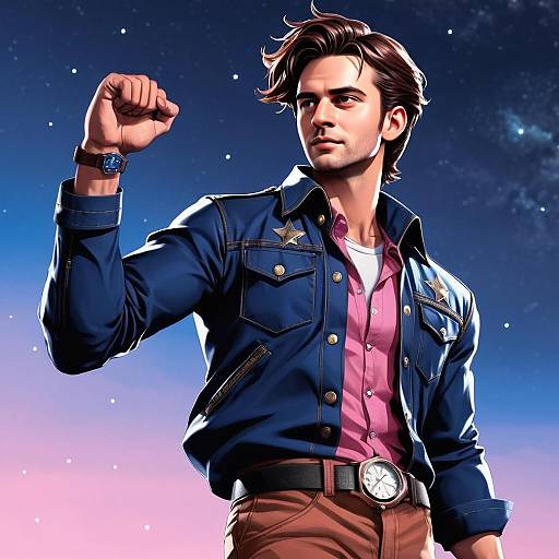 Confident Young Man in Blue Jacket with Star Patches Under Starry Twilight Sky