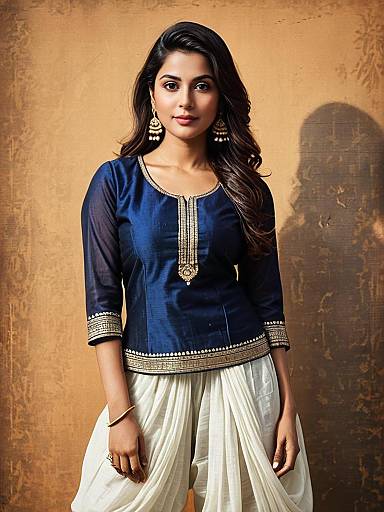 Woman in Blue Dhoti Suit Salwar for Cultural Festival Portrait