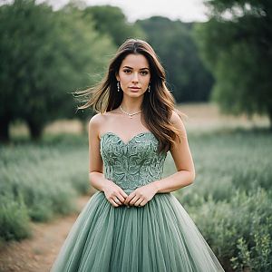 Young Woman in Sage Green Tulle Dress Outdoors