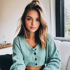 Young Woman in Mint Green Cardigan