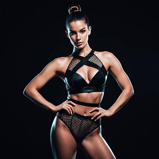 Confident Woman in Black Mesh and Leather Lingerie Set with Dramatic Lighting