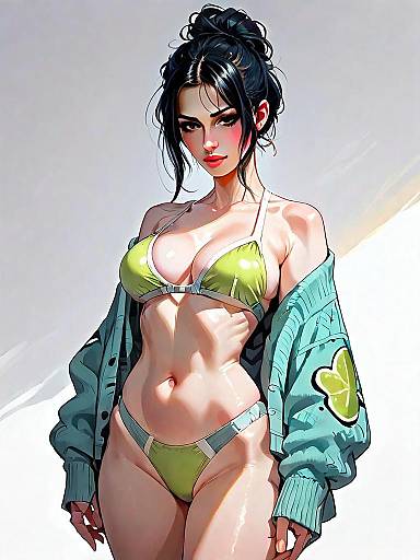 Realistic Comic Style Woman in Sporty Green Bikini with Blue Jacket Full Body Shot