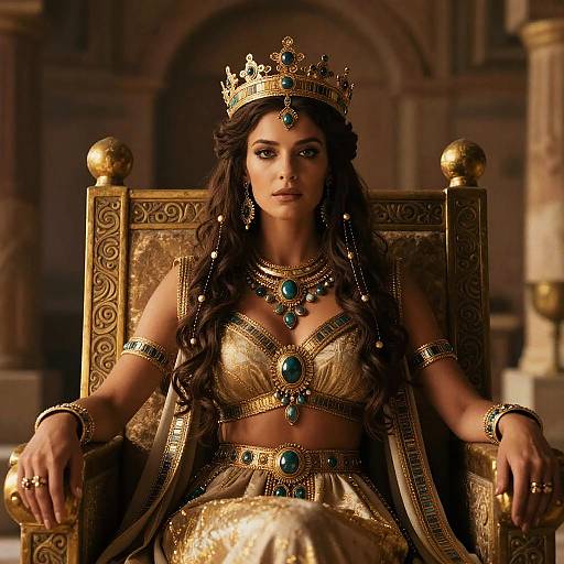 Regal Woman Wearing Gold and Turquoise Crown Sitting on Ornate Throne