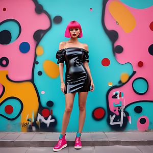 Confident Woman with Pink Hair in Black Dress & Sneakers