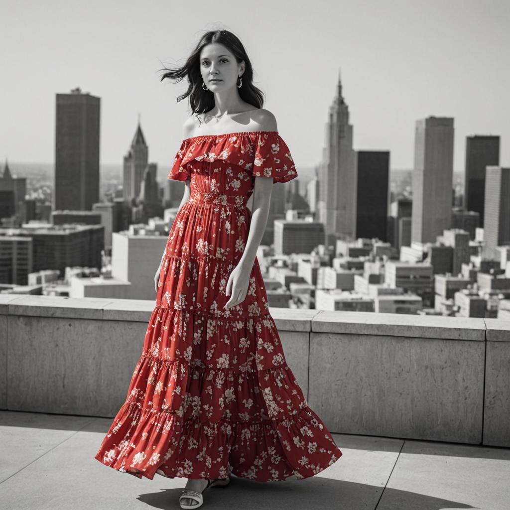 Woman in Floral Dress Against City Skyscrapers