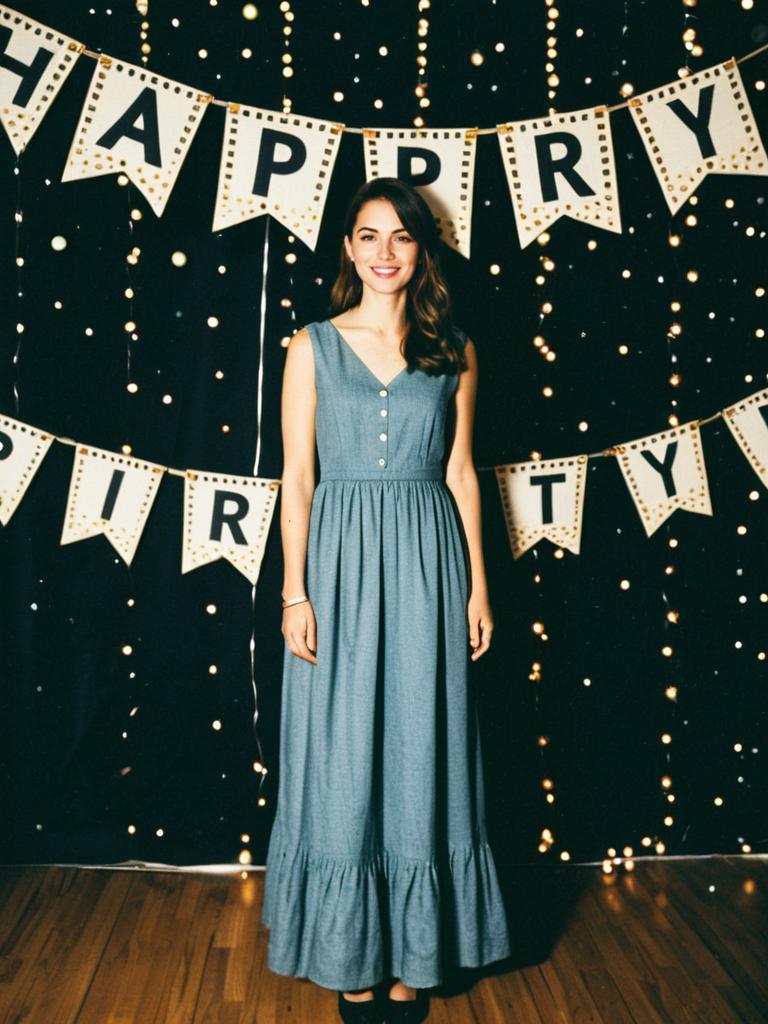 Young Woman in Blue Dress at Birthday Party Celebration