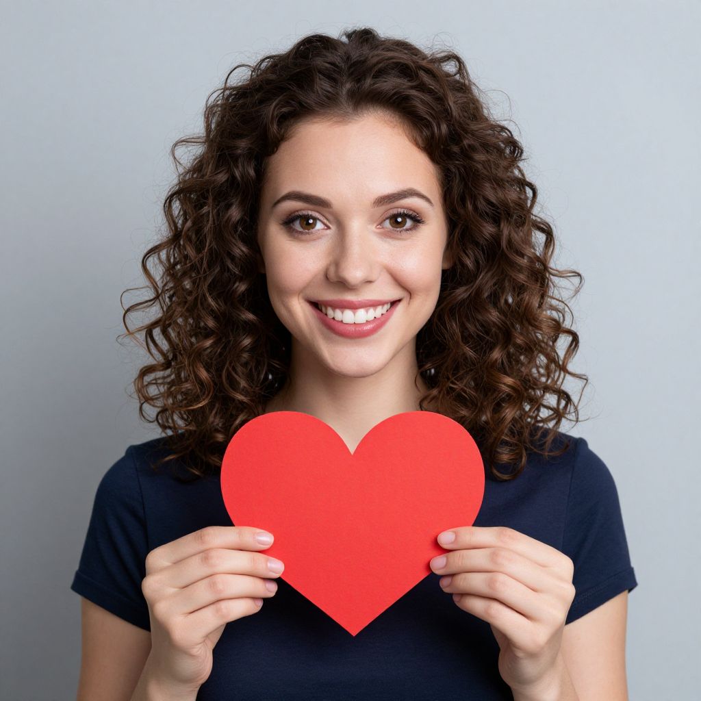 Smiling Woman Holding Red Heart on Gray Background