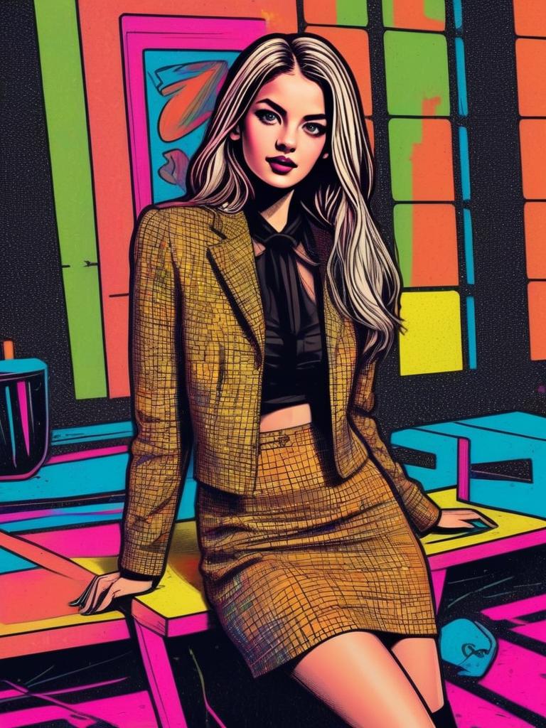 Stylish Woman in Chic Plaid Outfit on Colorful Surface Stylish Woman in Chic Plaid Outfit on Colorful Surface