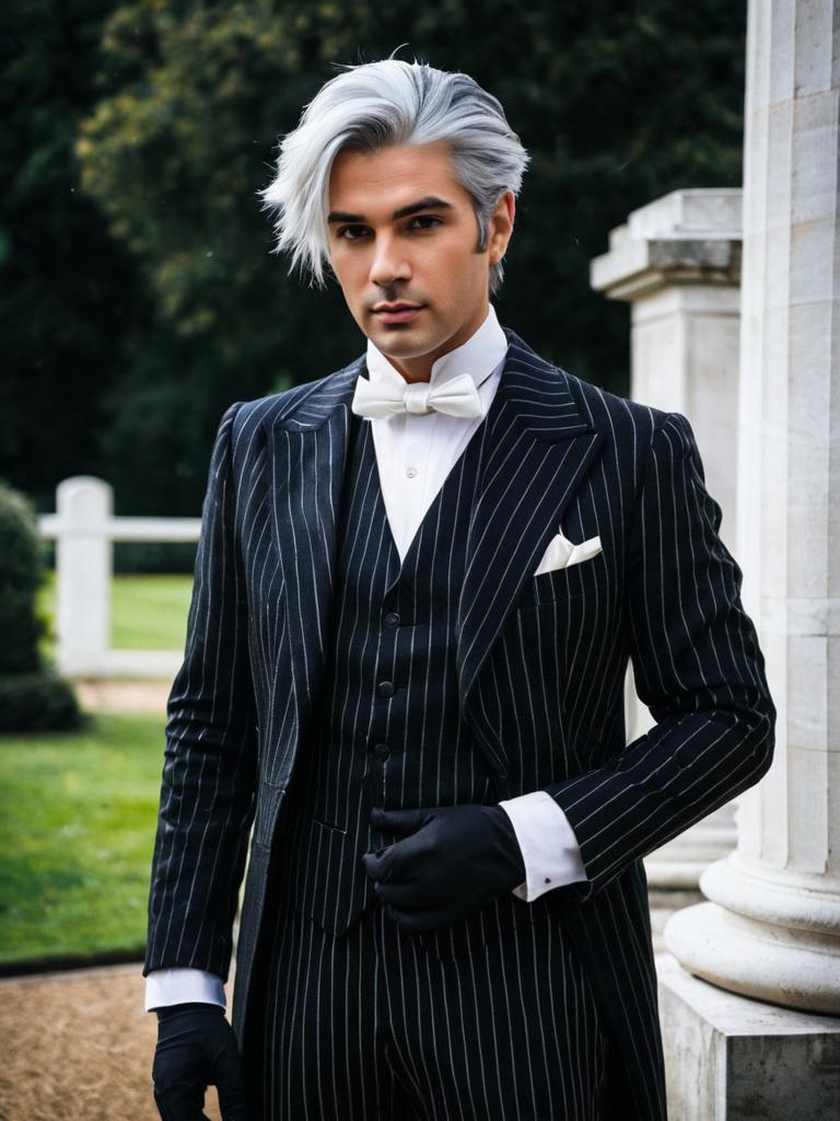 Elegant Man in Black Pinstripe Suit with Silver Hair Outdoor Portrait