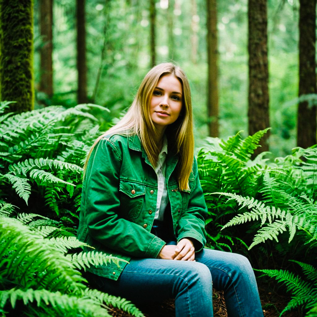 Young Woman in Green Jacket Among Ferns