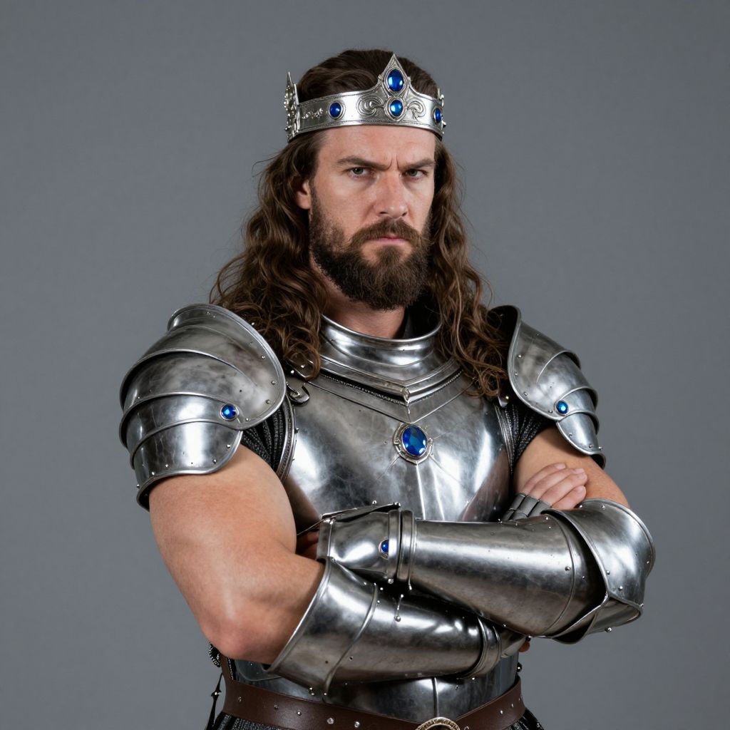 Medieval Knight Man Wearing Silver Armor and Crown with Blue Gemstones