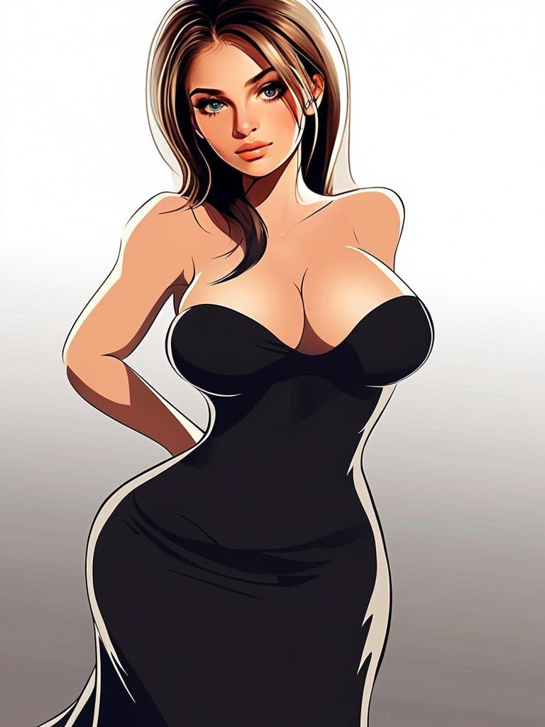 Stylized Digital Portrait of Woman in Black Strapless Dress