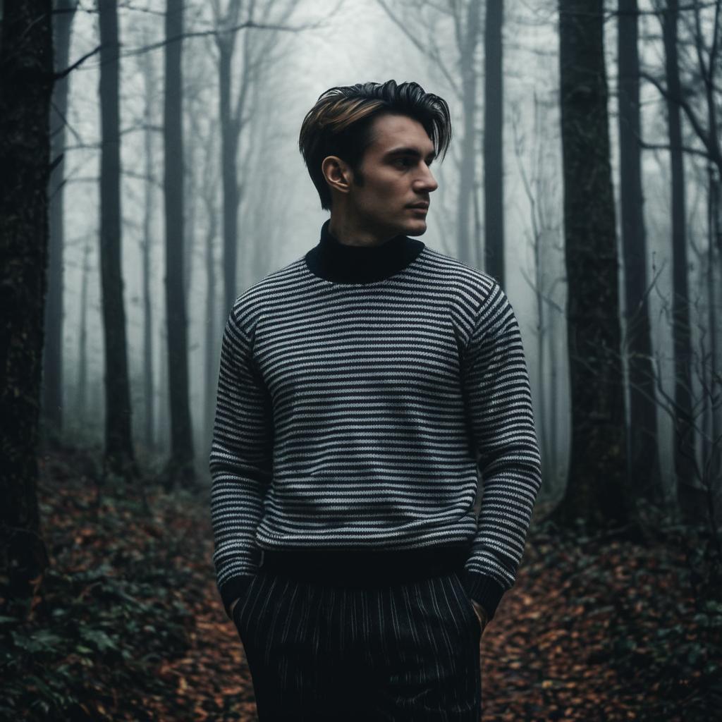 Contemplative Young Man in Misty Forest