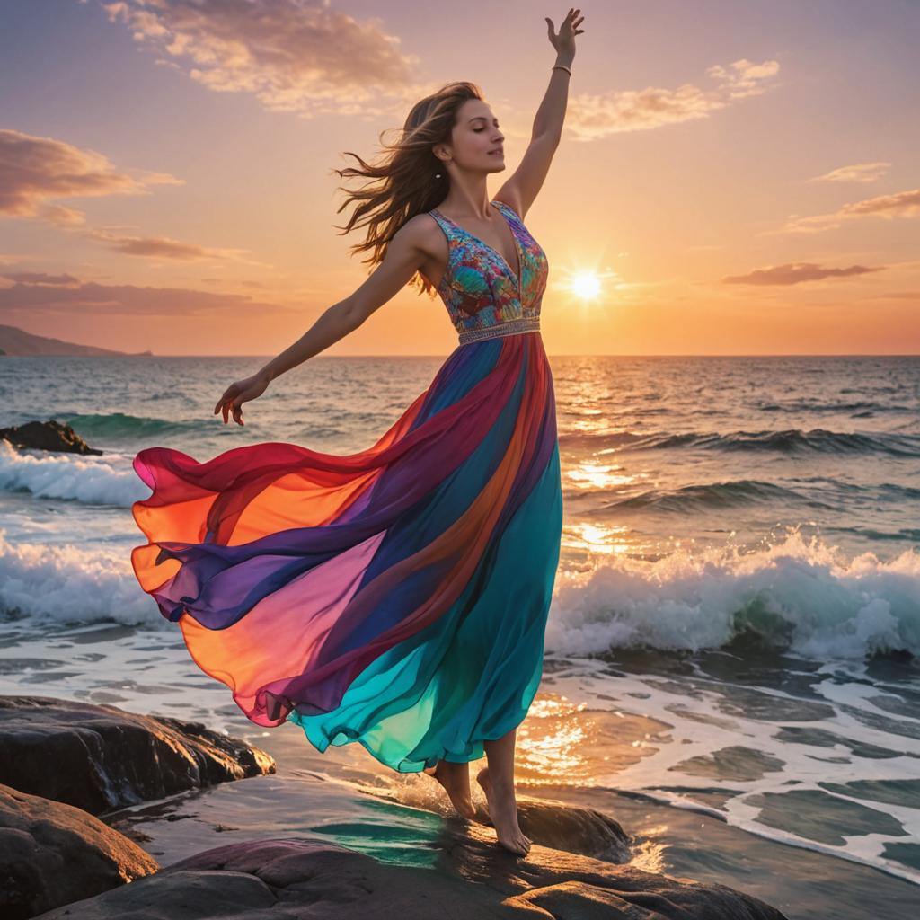 Woman Dancing on Rocky Shore at Sunset