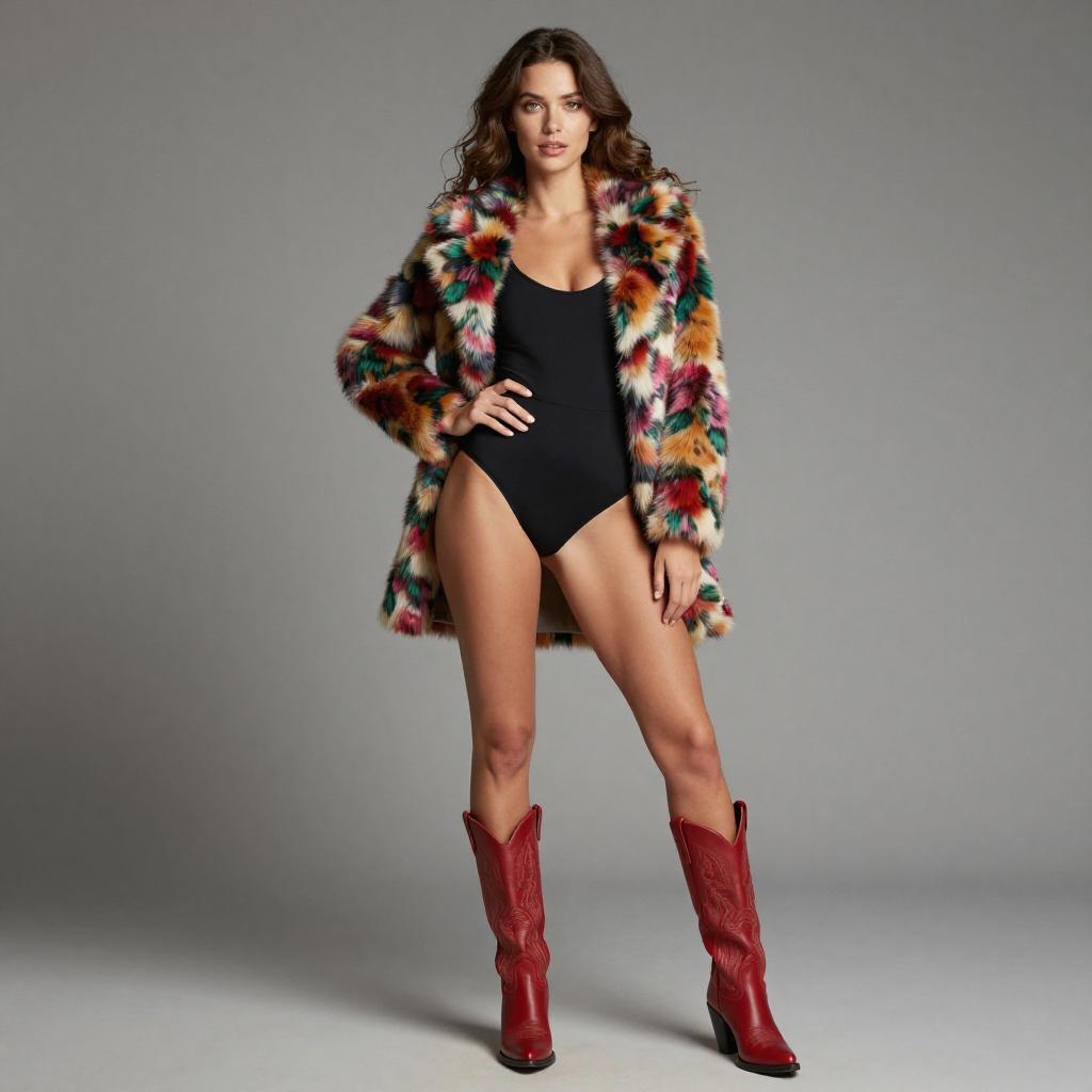 Stylish Woman in Multi-Colored Faux Fur Coat and Red Cowboy Boots