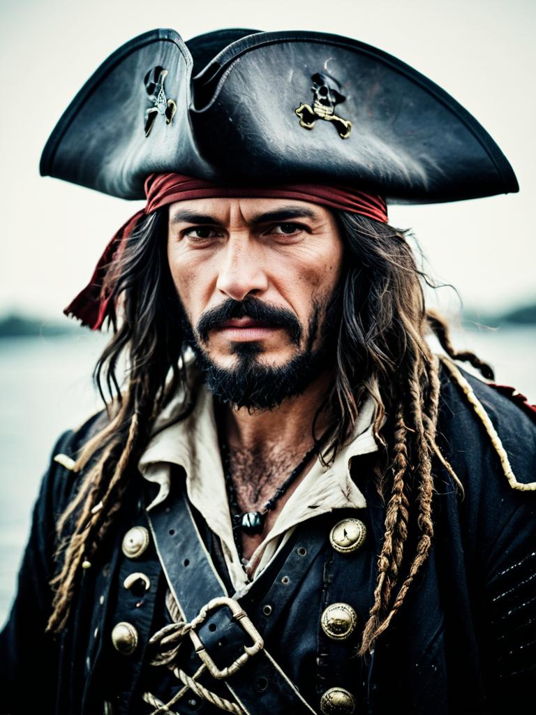 Photorealistic Rugged Pirate Man in Detailed Cosplay Costume Portrait