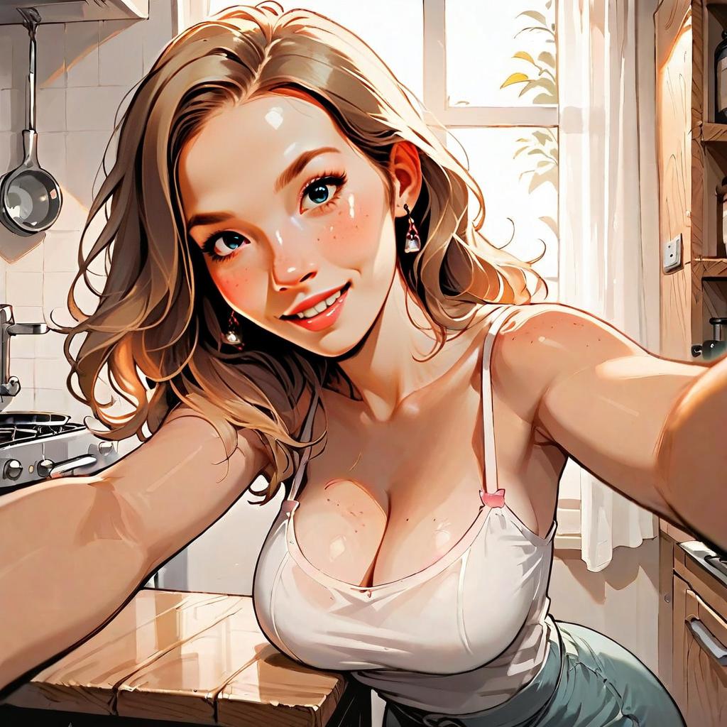 Stylized Cartoon Woman Taking Selfie in Cozy Kitchen Illustration