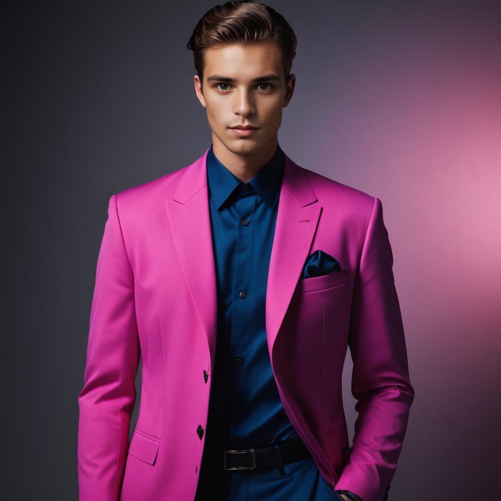 Young man in vibrant pink suit with dark blue shirt